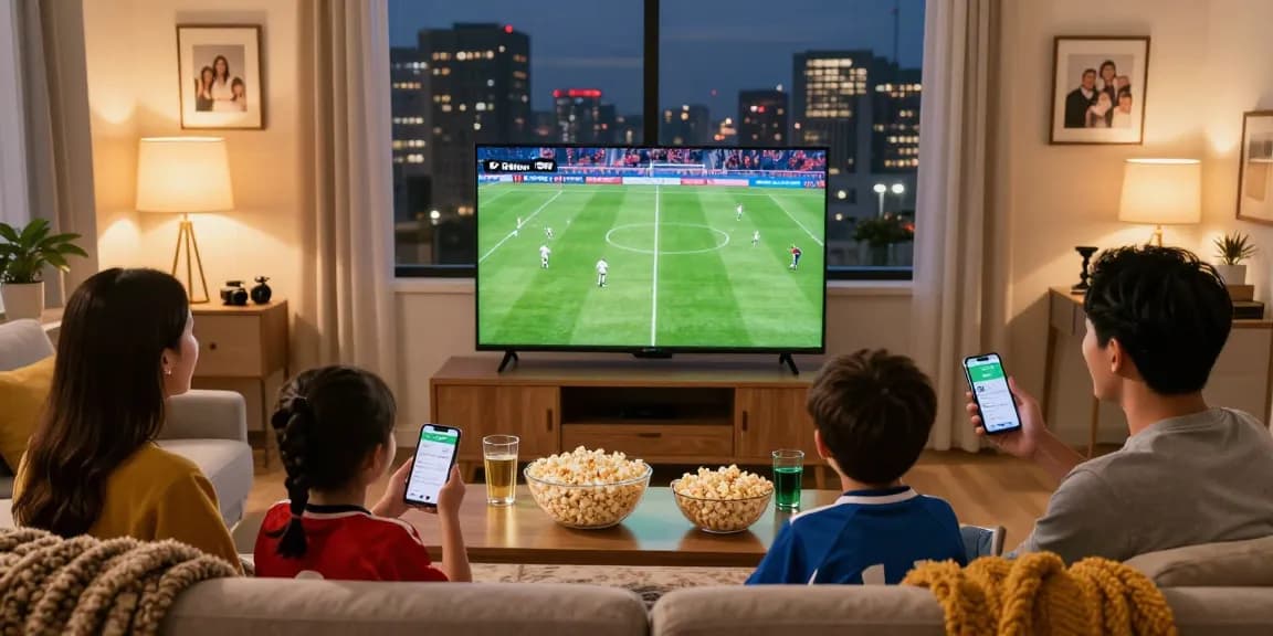 Family enjoying IPTV subscription UK while watching football together in their cozy living room.