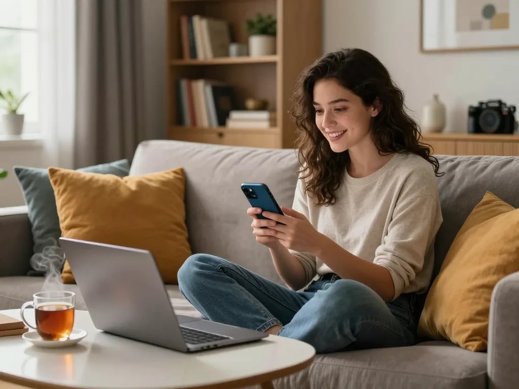 Youthful woman enjoying ai sex chat on smartphone in cozy living room, showcasing modern digital interaction.