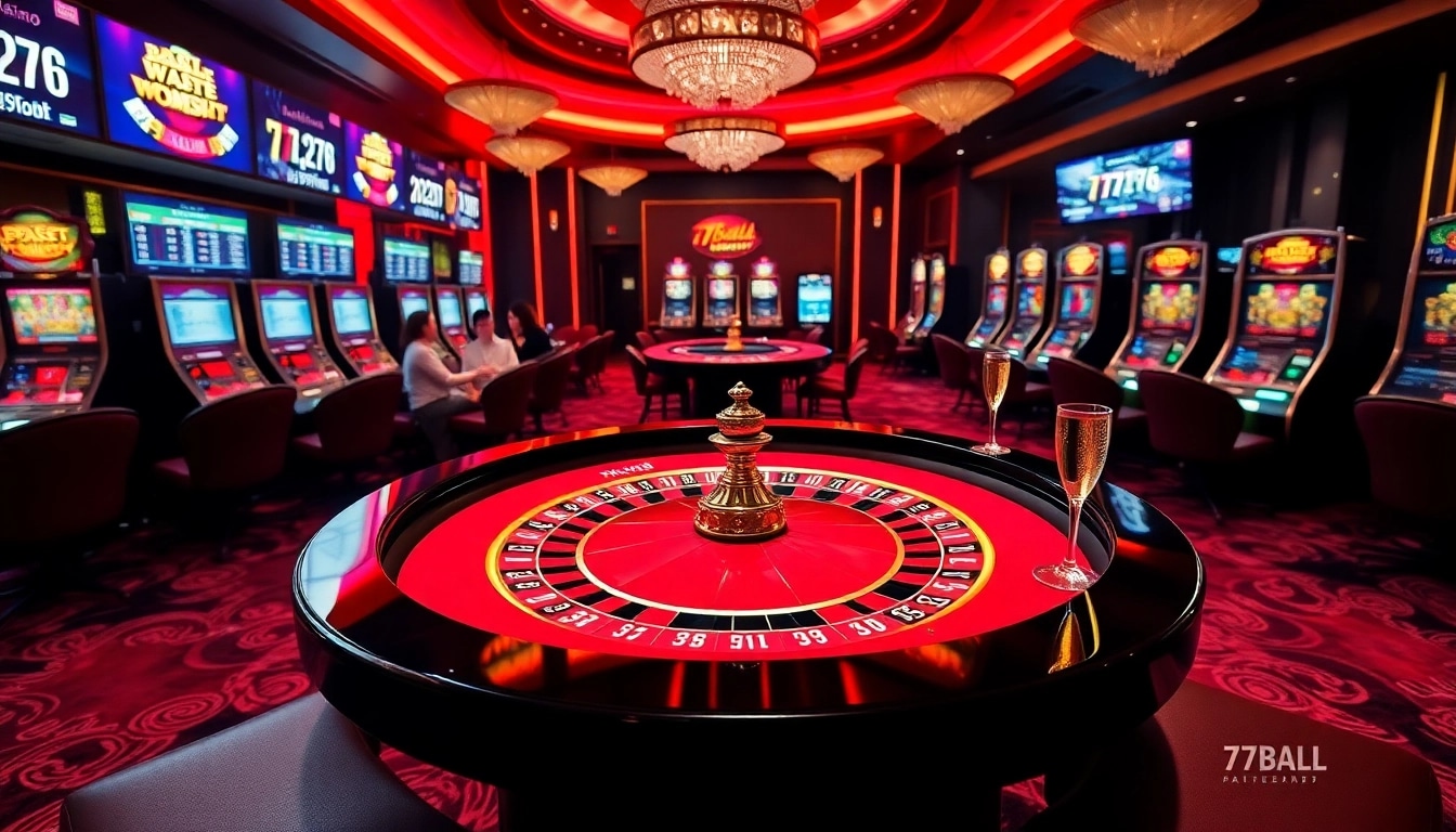 Players excitedly engage with 77BALL casino games at a luxurious roulette table.