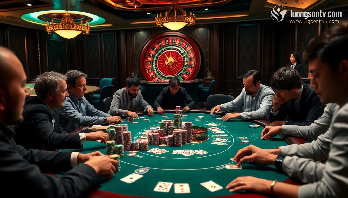 Experience thrilling gameplay at https://luongsontv5.com/ with an elegant poker table setup, colorful chips, and engaged players.