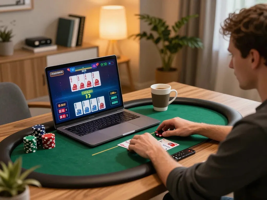 Nohu90 online gaming: active player engaging in poker game at stylish desk setup
