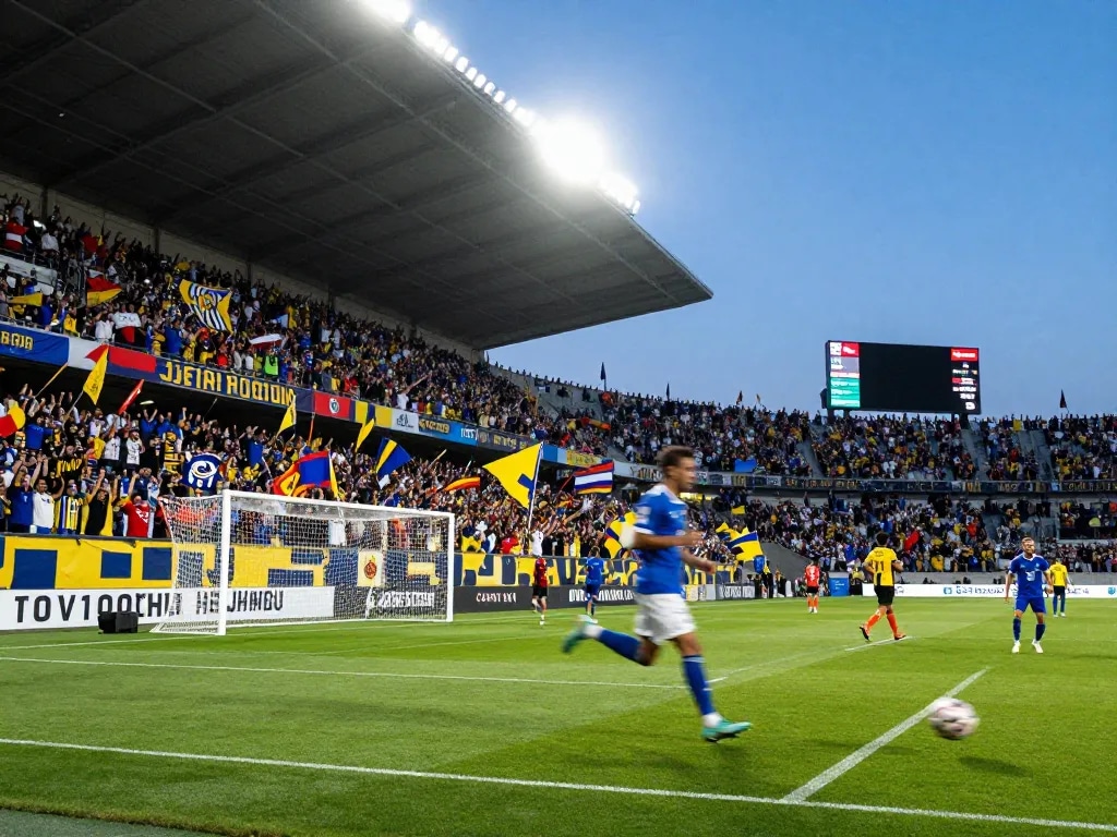 Exciting soccer match at 7m stadium with cheering fans and players in action.