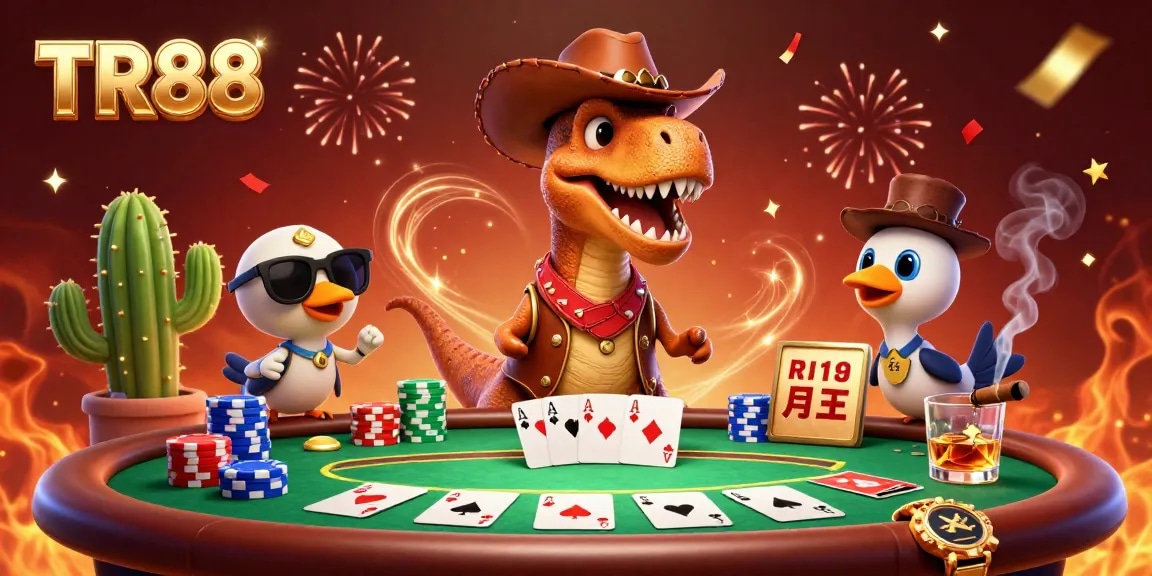 Engage in thrilling poker at TR88, with a dynamic T-Rex and friends surrounded by vibrant casino elements.