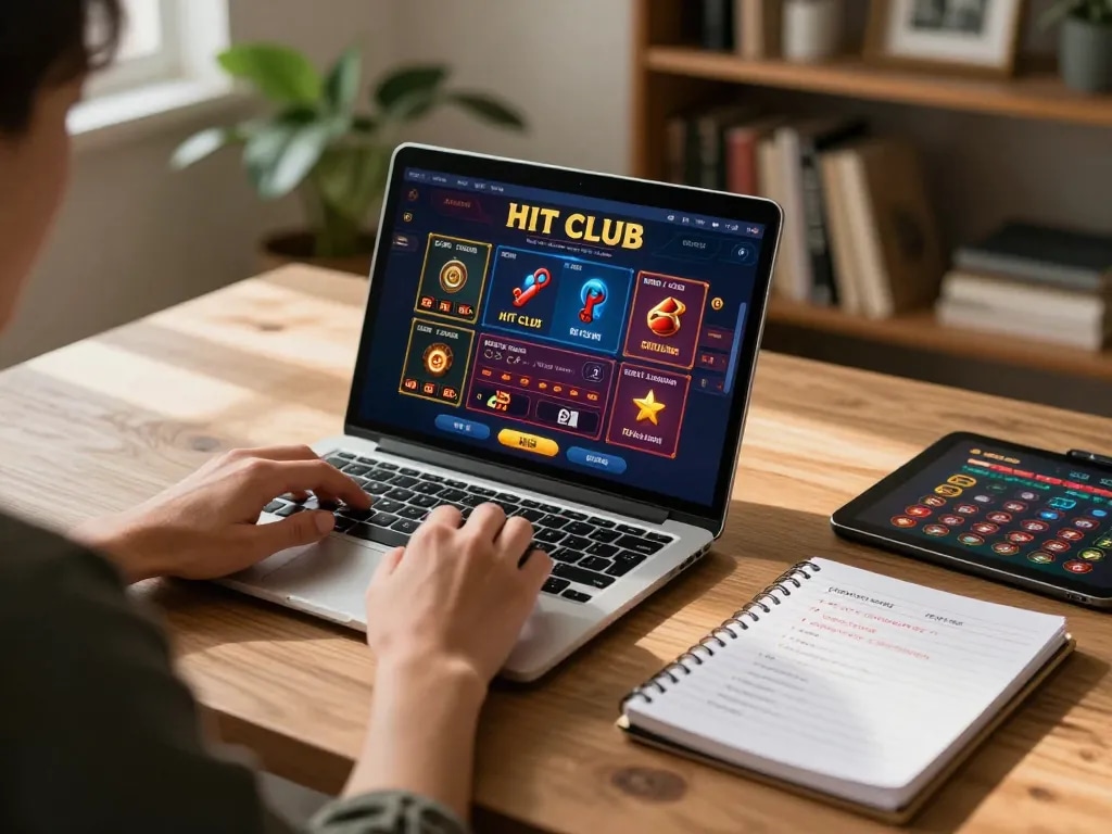 Person engaging with HIT CLUB online casino on laptop, showing various games in a cozy setup