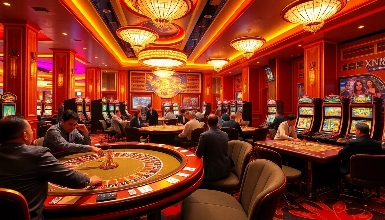 Exciting players enjoy a high-stakes game at XN88 casino with vibrant tables and dynamic slot machines.