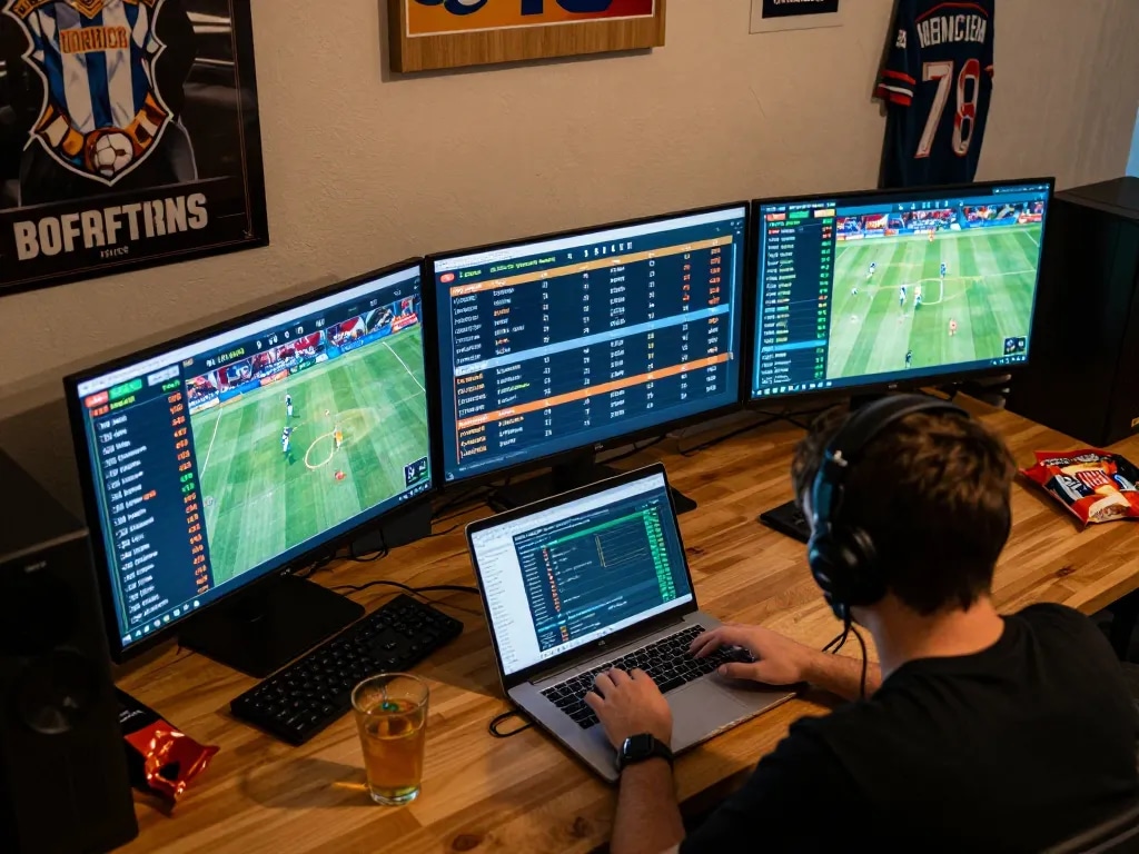 river4 betting expert analyzing odds and placing bets on multiple screens in cozy home office