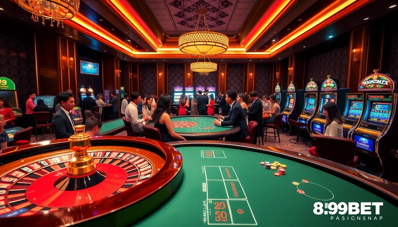 Exciting casino scene featuring games and players at 89BET, showcasing poker, roulette, and slot machines.