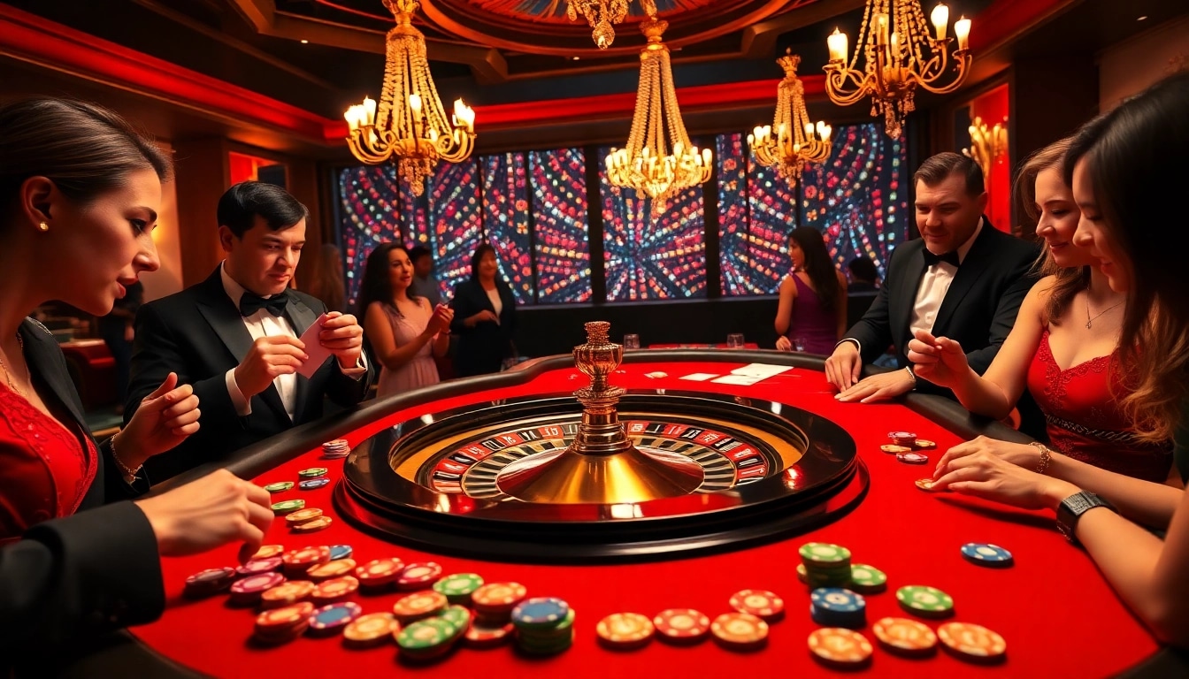 Players enjoying F168 casino games at a vibrant roulette table with colorful chips and cards.