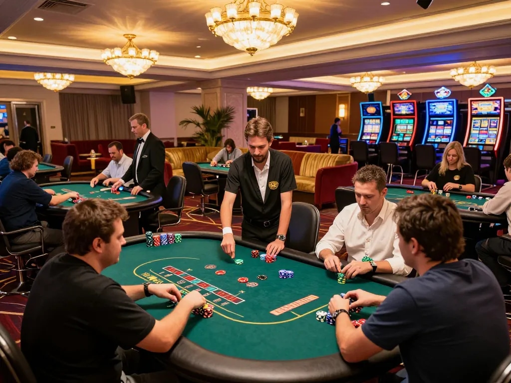 Gaming excitement at the tập đoàn ATQ with players placing bets at luxury poker tables.