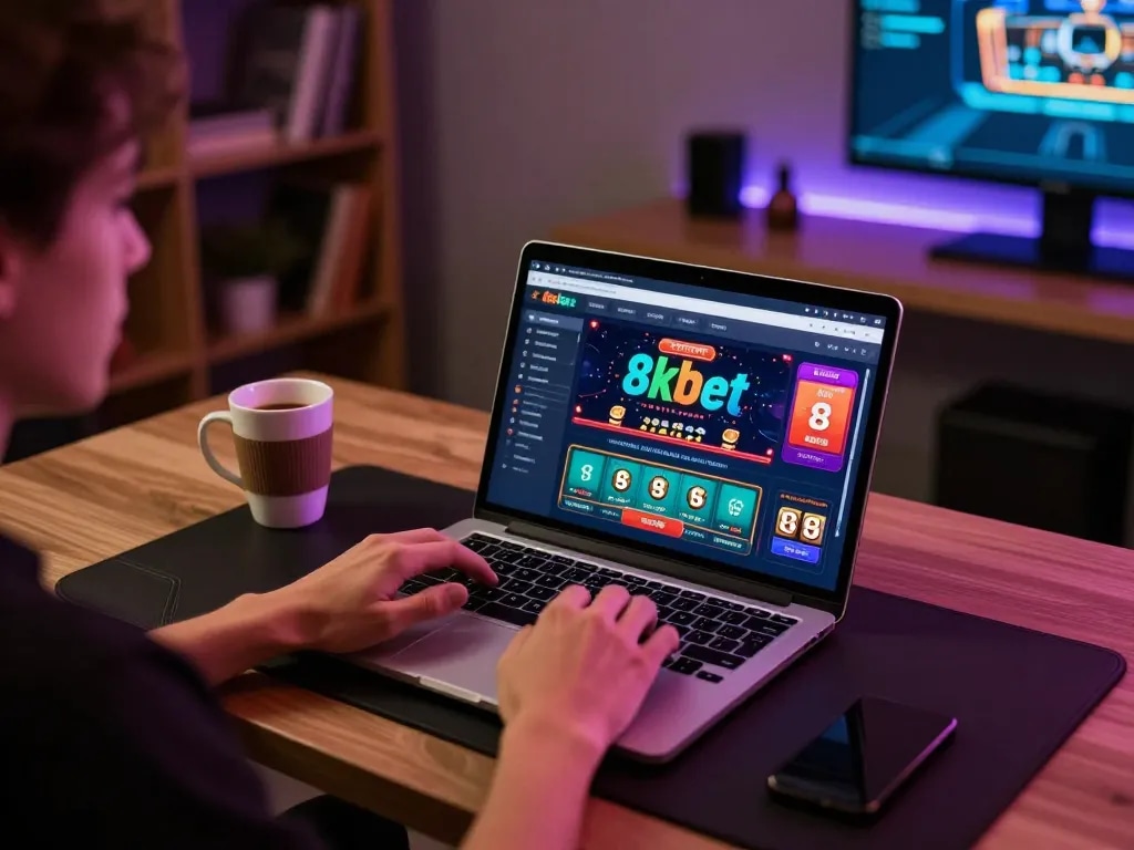 Engaging with the 8xbet casino interface on a laptop for an online gambling experience.