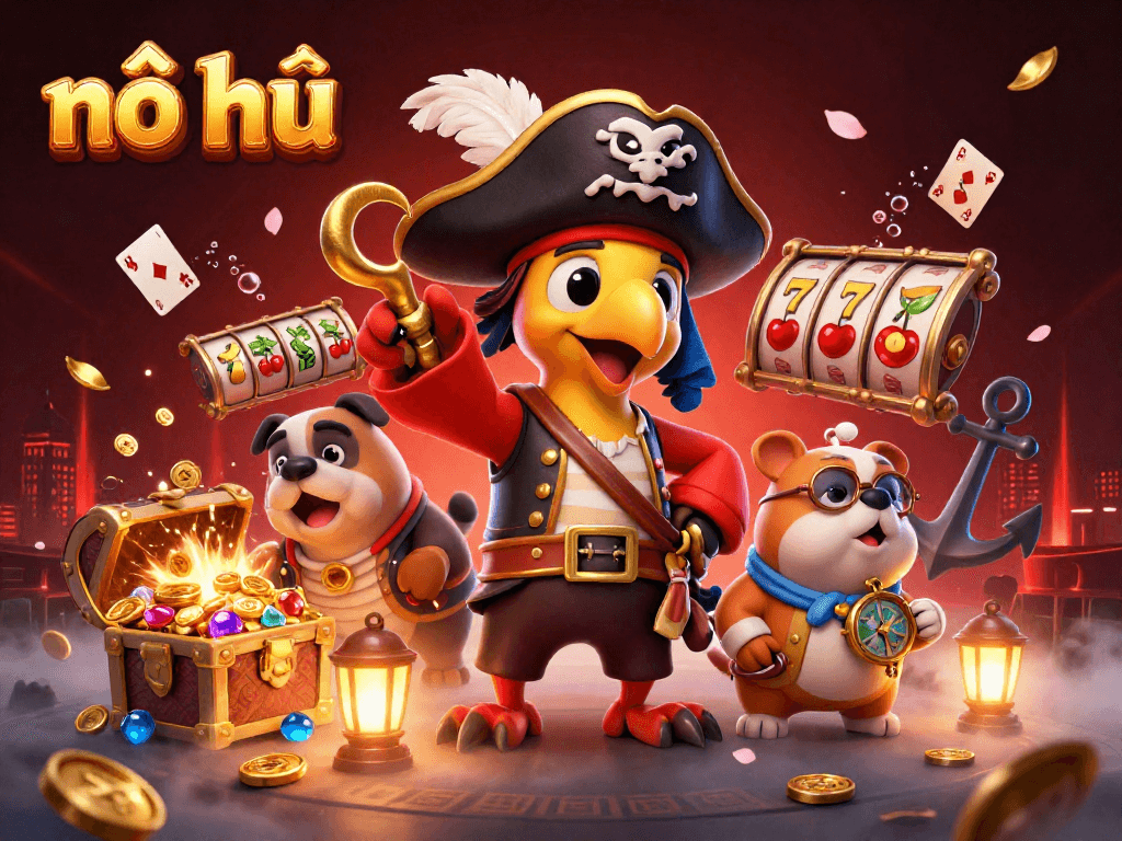 Engage in nổ hũ gaming excitement with a vibrant 3D pirate scene featuring slot reels and treasure.