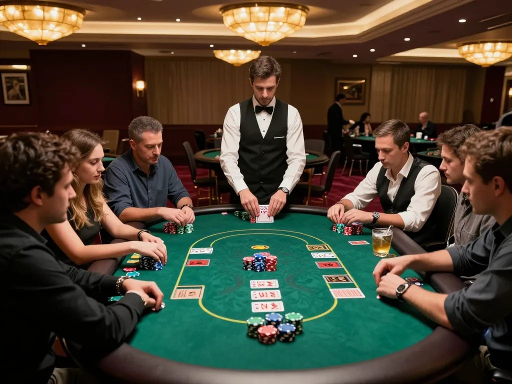 Players engage in a Texas Hold'em game at a debet poker table, with vibrant chips and warm lighting.