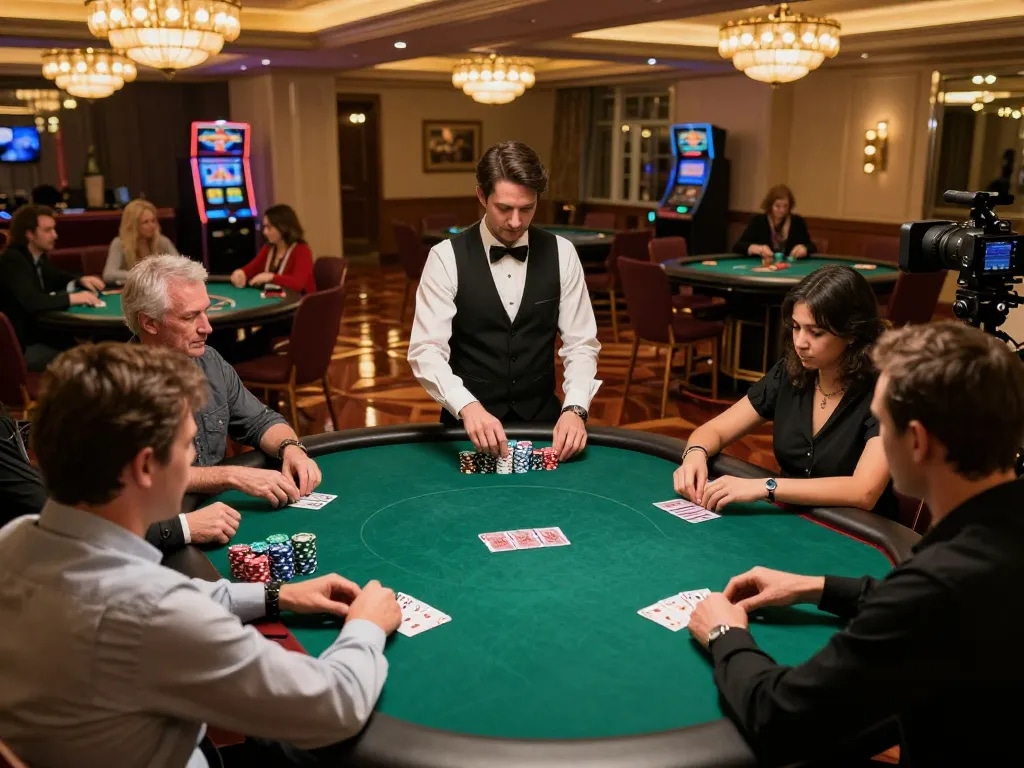 79 king poker players strategizing at a luxurious casino table with warm lighting and chips stacked.