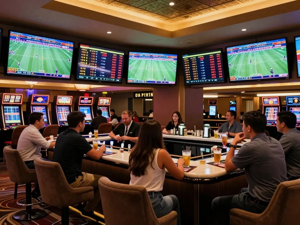 Soi kèo enthusiasts analyzing sports odds in an upscale betting lounge, showcasing strategic gameplay.