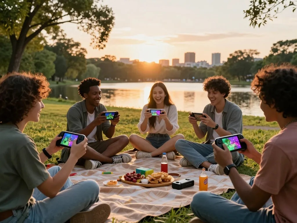 Friends enjoying sunwin gaming experience outdoors during sunset.