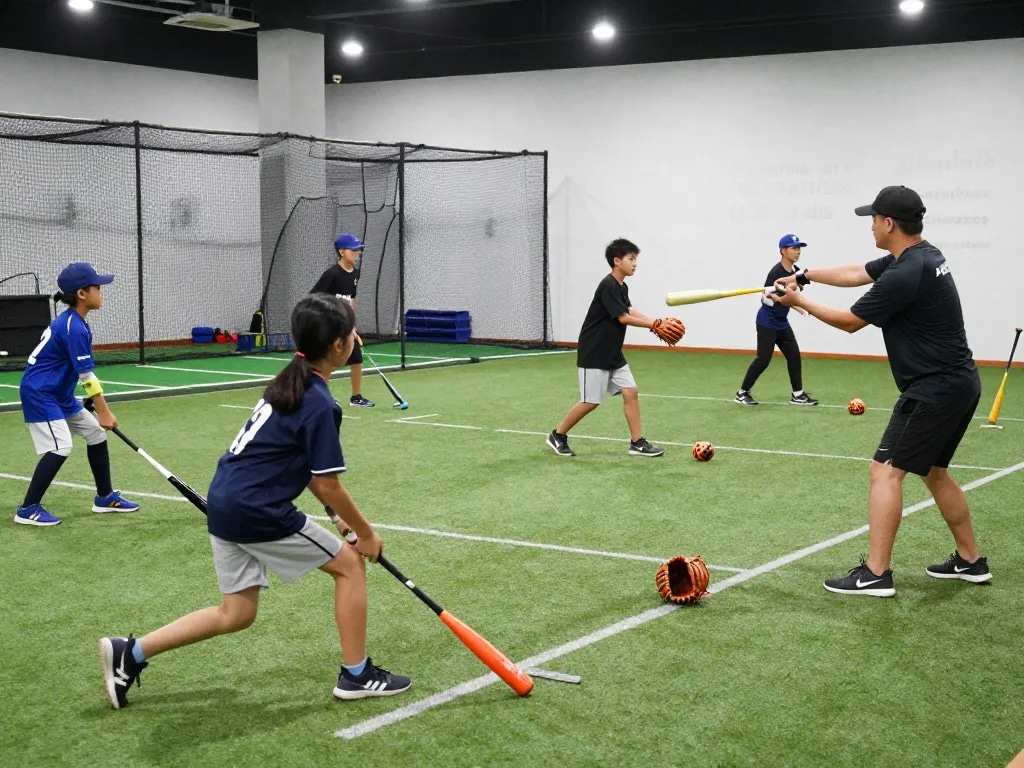 Young athletes training at hitclub baseball facility, showcasing drills and coaching moments.