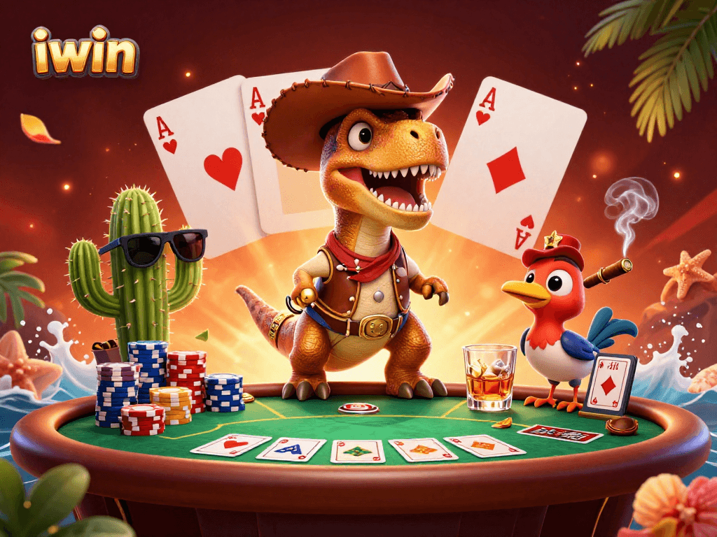 Experience thrilling poker action with the iwin cowboy dinosaur and friends in this dynamic 3D scene.