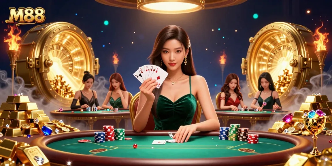 M88 poker scene showcasing a beautiful Asian woman with cards, casino elements scattered around