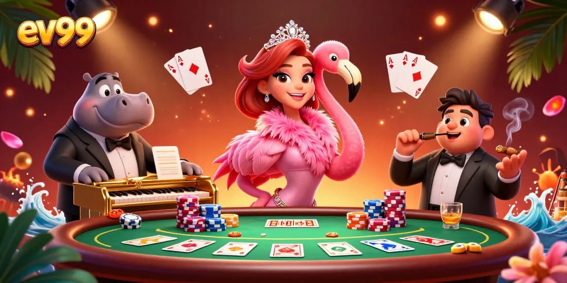 Experience the vibrant energy of ev99 with animated casino characters and exciting poker elements.