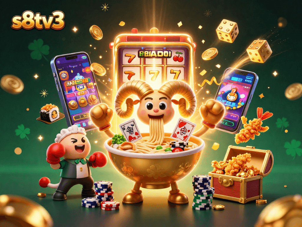 S8TV3 presents a vibrant 3D illustration of a golden ramen bowl dealer with dynamic casino elements celebrating a big win.