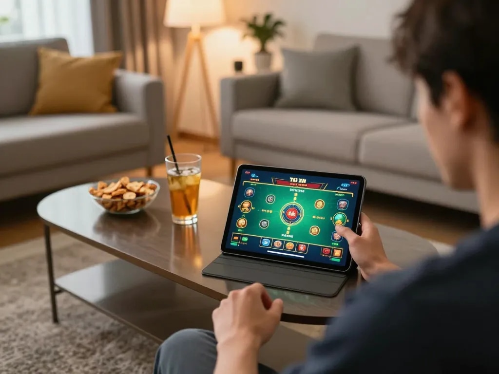 Tài Xỉu Sunwin gameplay in a cozy home setting with strategic betting displayed on tablet