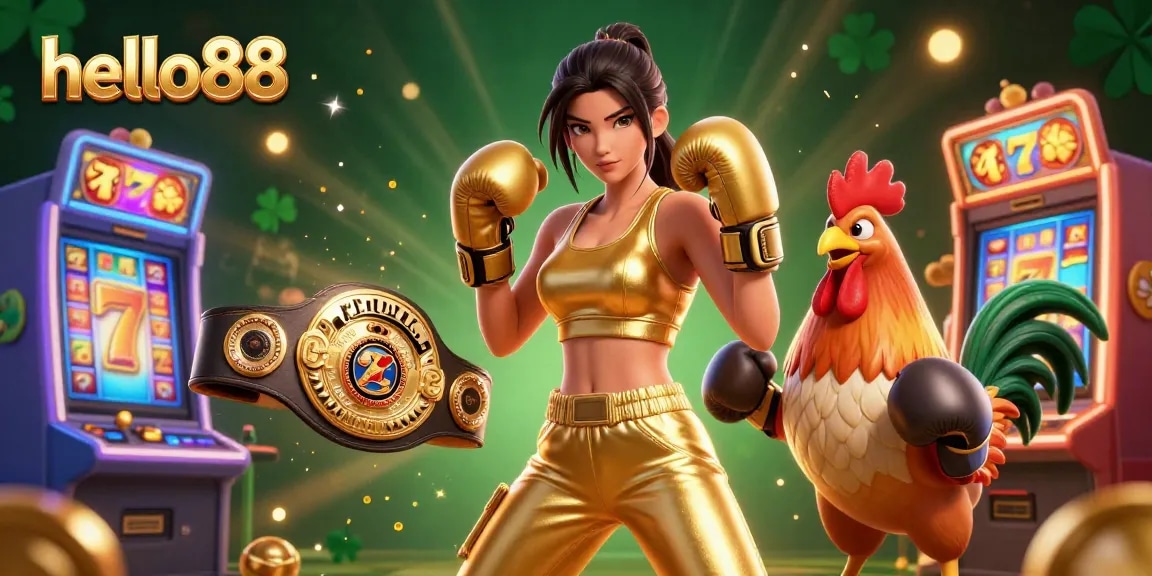 Engage with thrilling casino action at hello88 featuring a powerful female athlete, championship rooster, and vibrant slot machines.