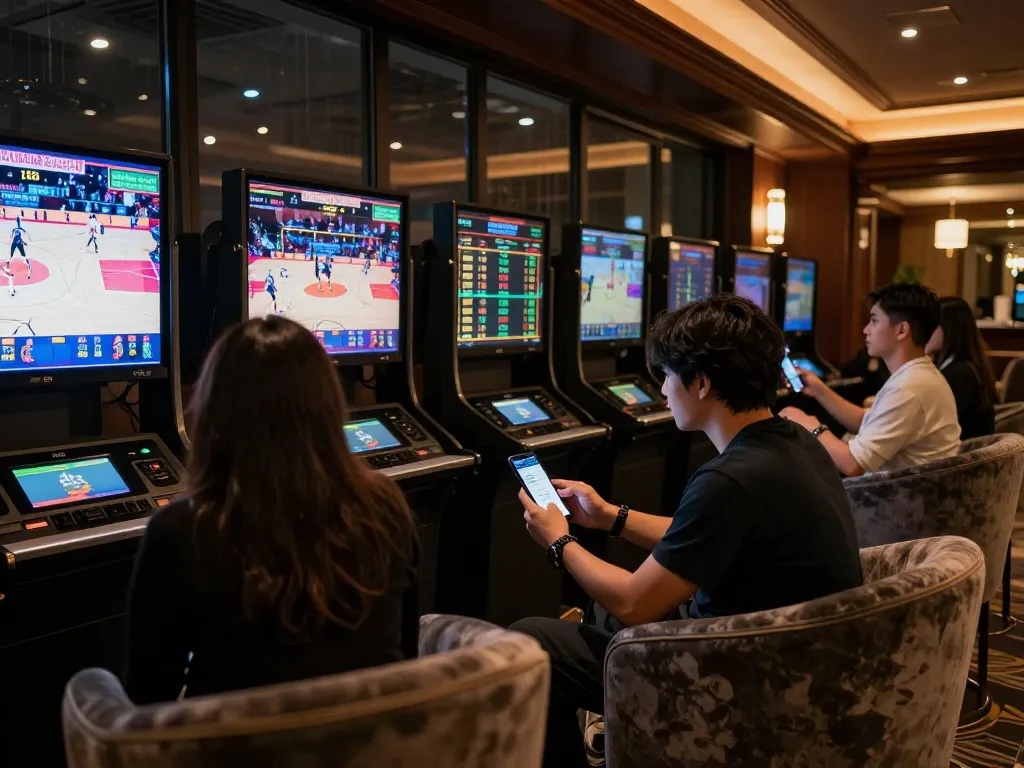 Patrons engaging with KUBET mobile app while placing bets in a upscale sports betting lounge
