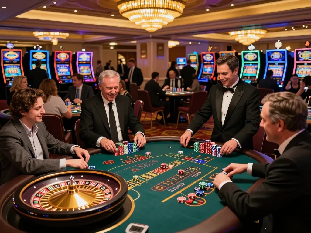 Players enjoying thrilling games at trang chủ 58win casino, with active card tables and vibrant atmosphere.