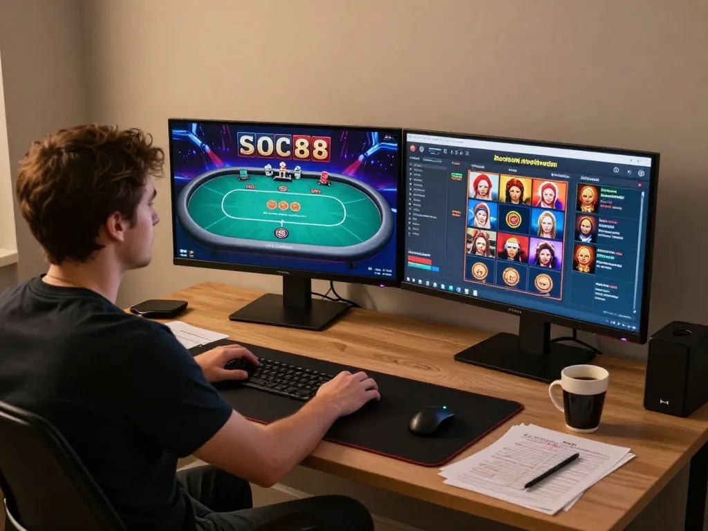 SOC88 online poker table in action with a player analyzing cards and strategies at their desk.