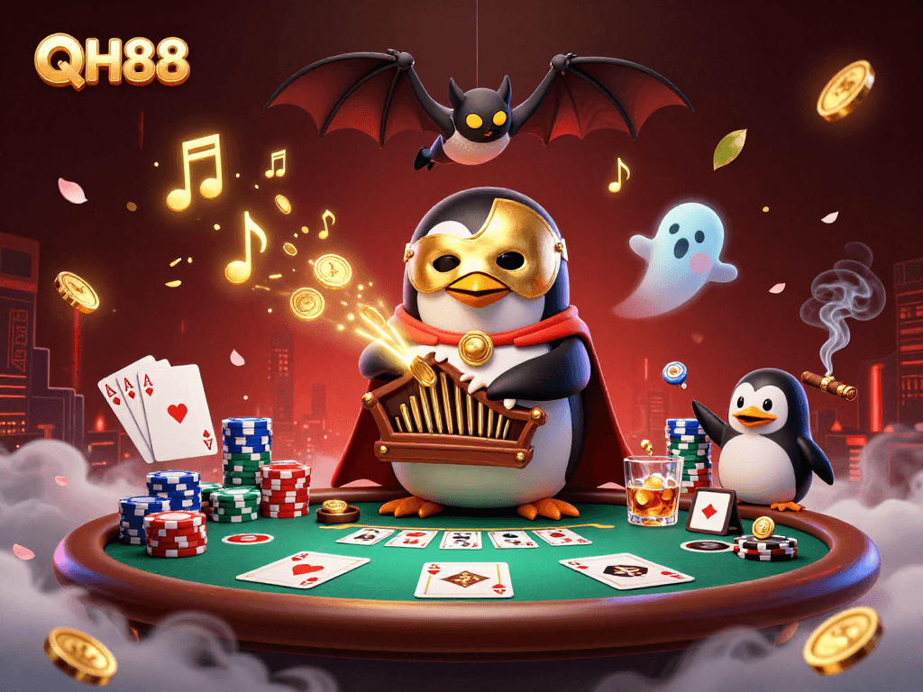 QH88 plunges into excitement as a penguin plays a pipe organ of coins amidst a lively casino scene.