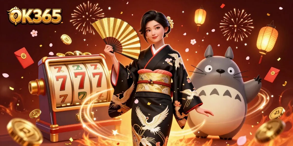 Experience excitement with OK365's vibrant casino scene featuring dynamic characters and engaging gaming elements.