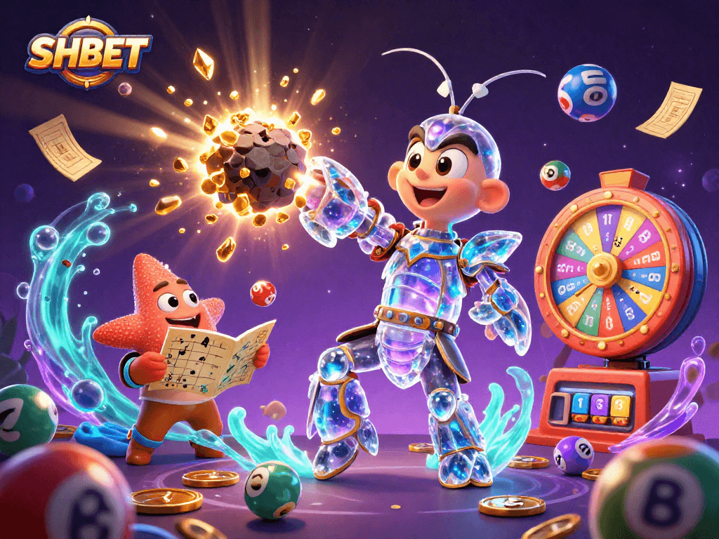 Experience vibrant SHBET gaming with colorful lottery balls and dynamic prize illustrations.
