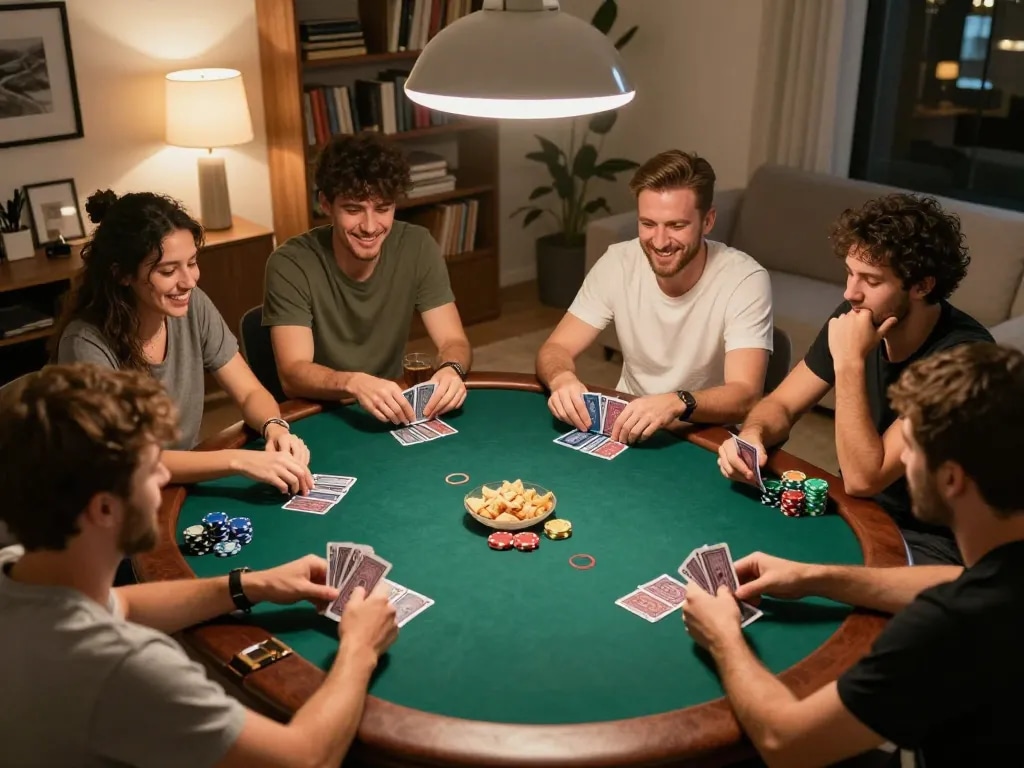 Kuwin players strategizing at a lively home poker game, featuring cards and chips on a round table
