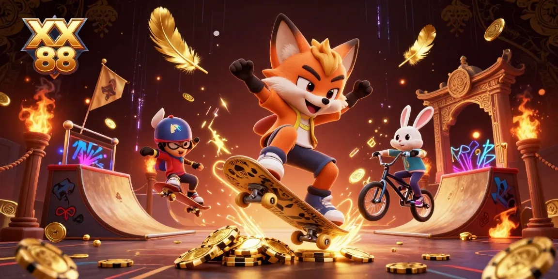 Engage in thrilling challenges at XX 88, featuring dynamic cartoon characters in an energetic casino scene.