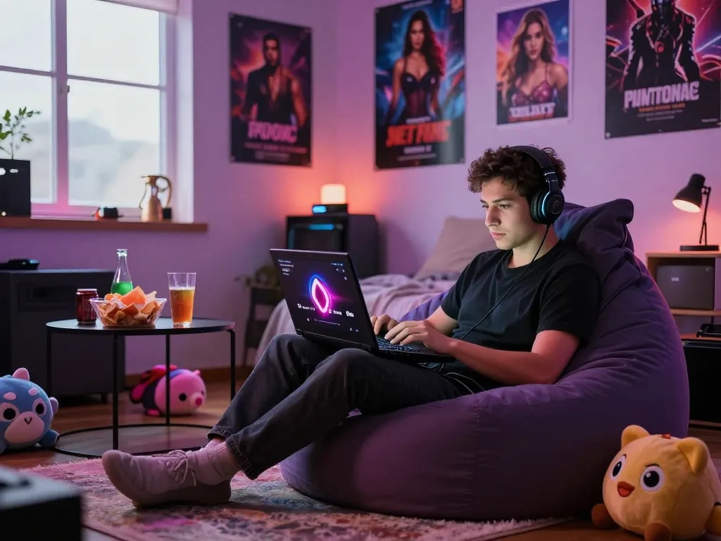 Engaging gamer enjoying free porn games on a cozy bedroom setup, vibrant LED lights adding atmosphere.