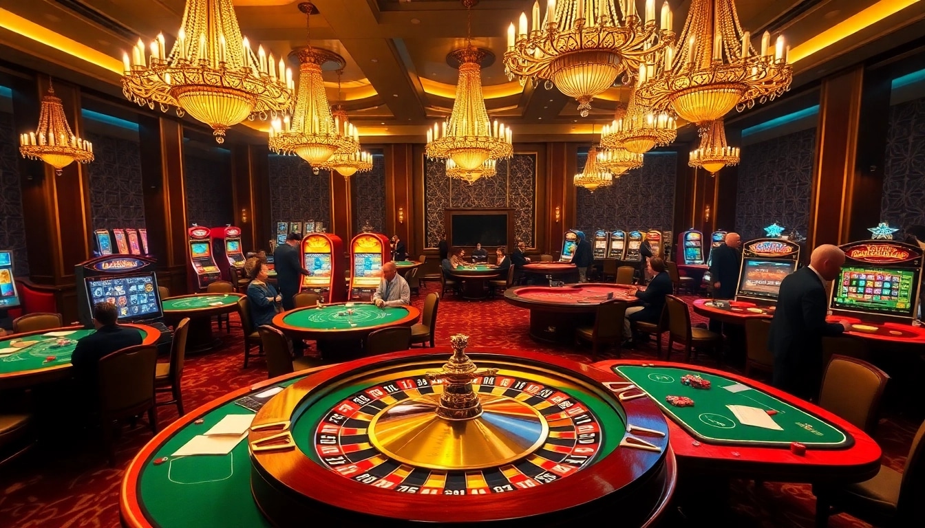 Players enjoying games at https://nk88net.com/ with vibrant casino tables and slot machines in a luxurious setting.