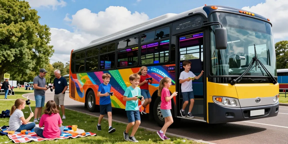 Gaming Party Colchester: Excited children stepping off a vibrant gaming bus, ready for fun.