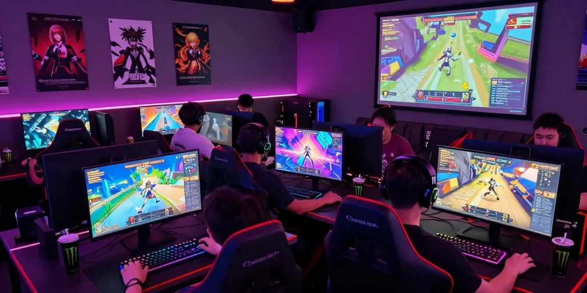 Group enjoying ecchi games online in a vibrant gaming lounge with colorful graphics, modern setups, and lively atmosphere.