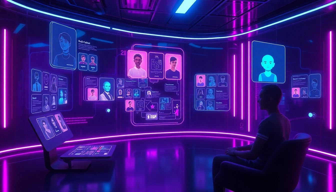 NSFW AI character interactions in a futuristic digital space with holographic elements.