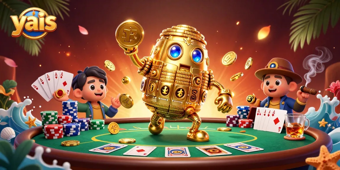 Play exciting casino games with yais, featuring a golden golem amidst poker elements.