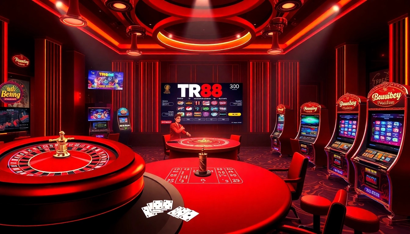 Engage in high-stakes action at tr88 trang chủ with an exciting casino scene featuring roulette and poker tables.