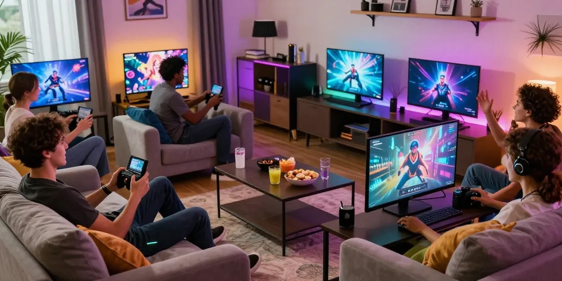 Players enjoying an interactive xxx game experience in a vibrant living room.