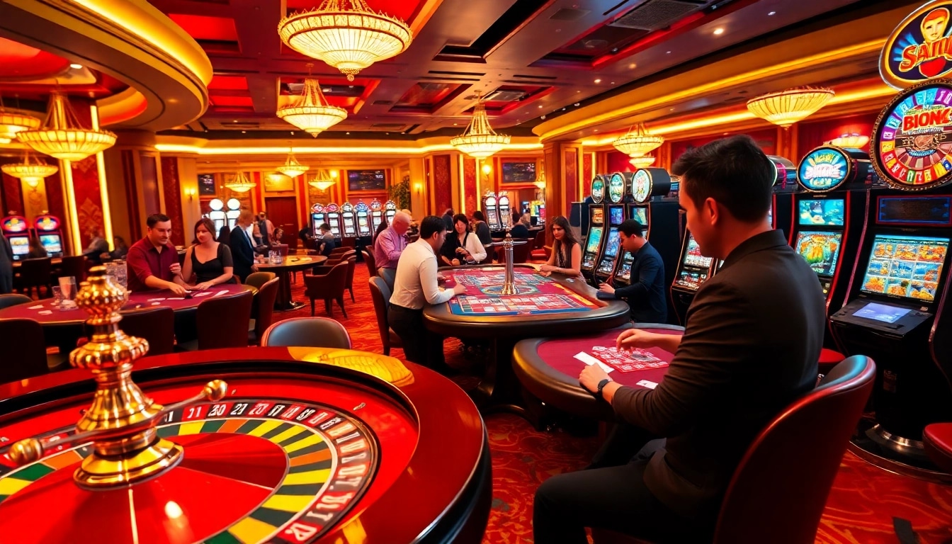 Players enjoying thrilling gambling activities at https://luongsontv60.com/ casino, featuring roulette and poker tables.