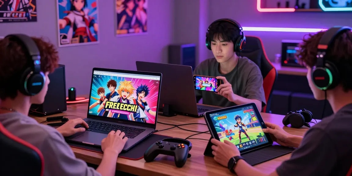 Players immersed in free ecchi games on laptop, tablet, and phone in vibrant gaming lounge.
