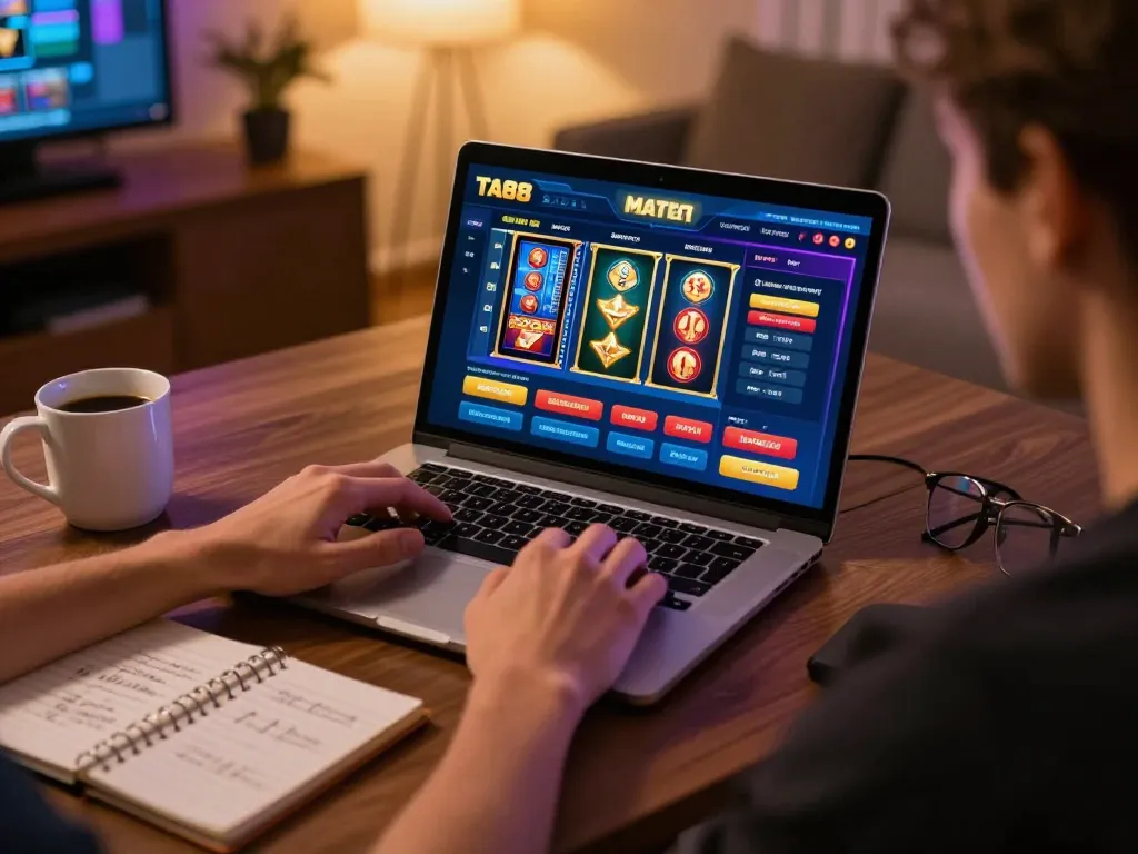 Engaging in TA88 đăng nhập for online casino gaming with strategy notes and laptop.