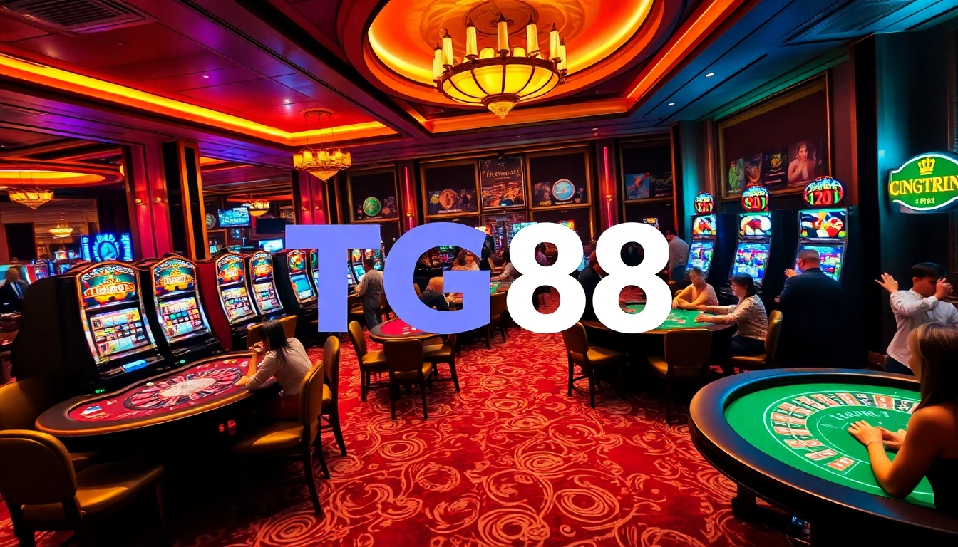 Gamblers experiencing the excitement of TG88 casino games with vibrant slot machines and casino tables.