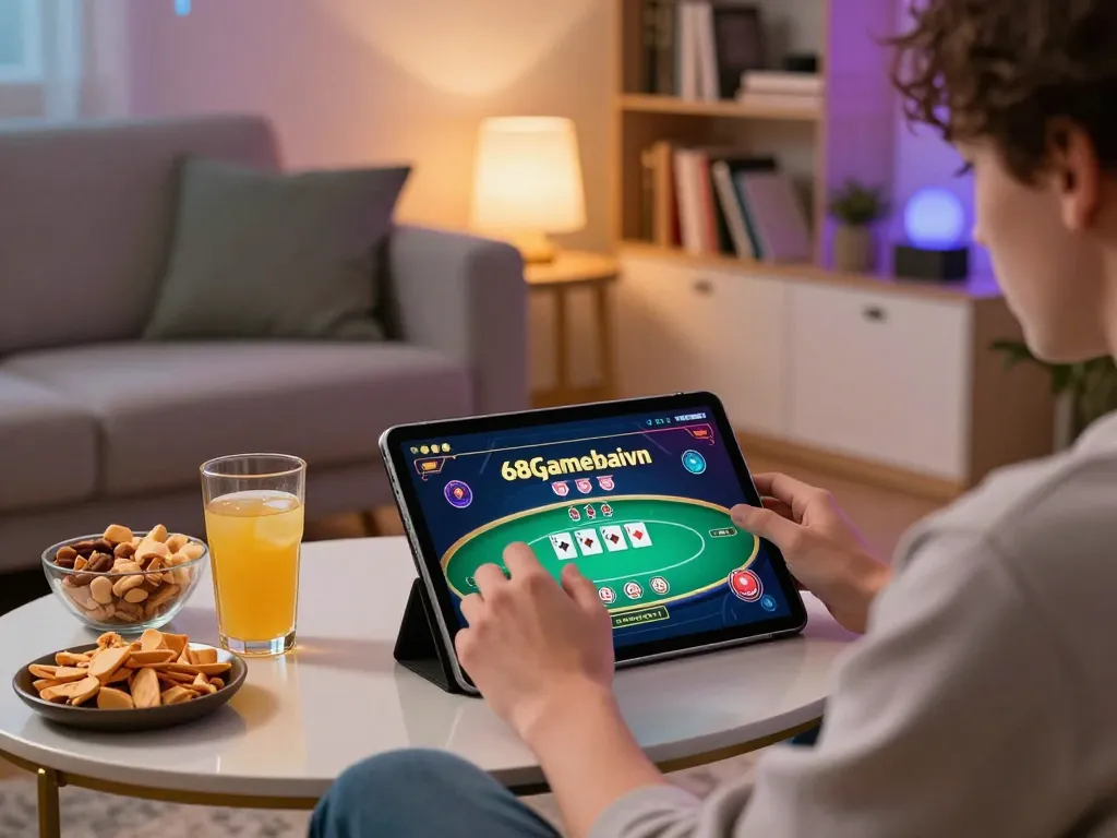 Enjoying online poker on 68gamebaivn tablet in a cozy modern home setting.