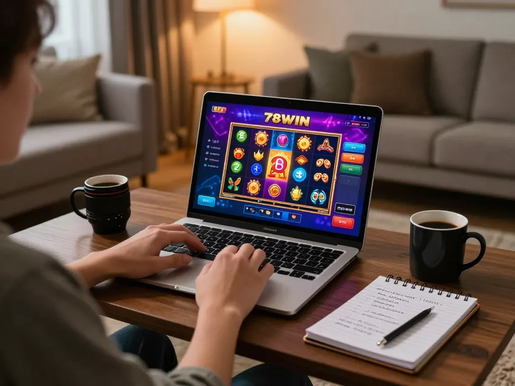 Gamer engaging with the 78WIN platform while enjoying a cozy home setup, showcasing responsible online gaming.