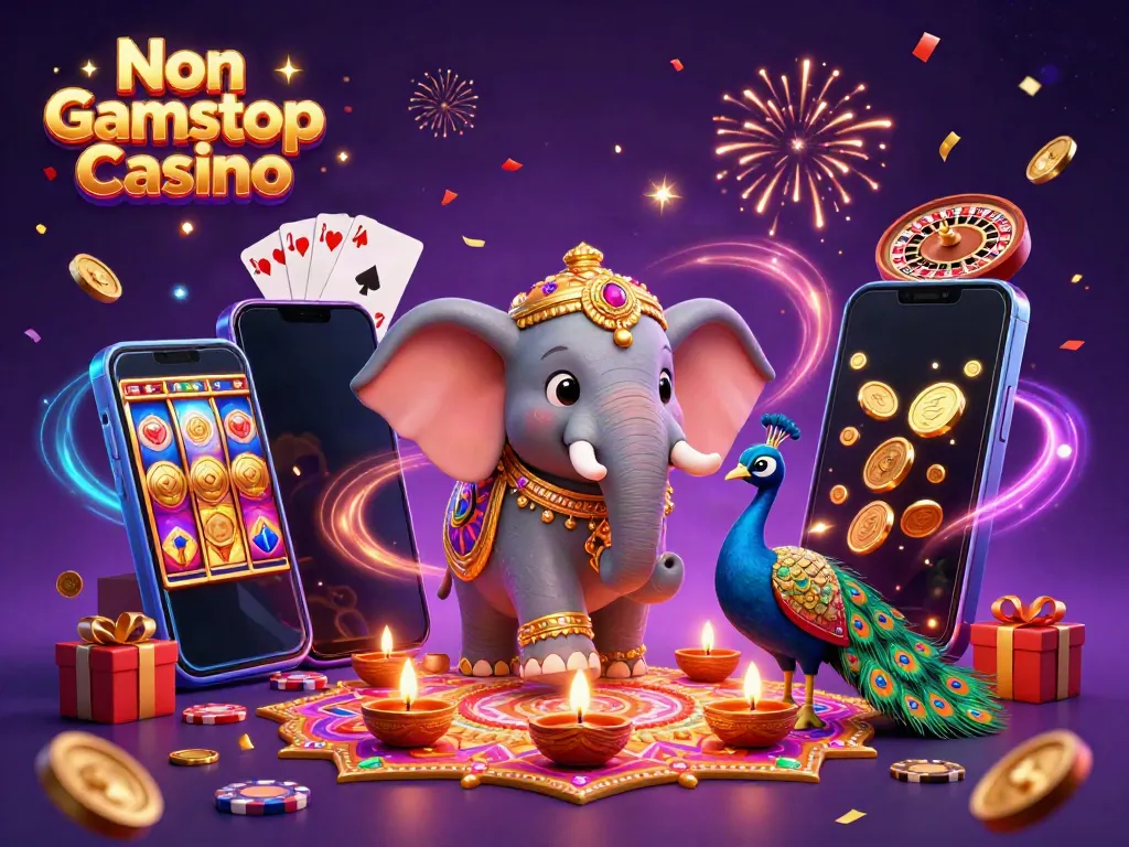 Experience excitement at a Non Gamstop Casino with vibrant 3D illustration showcasing dynamic game elements.
