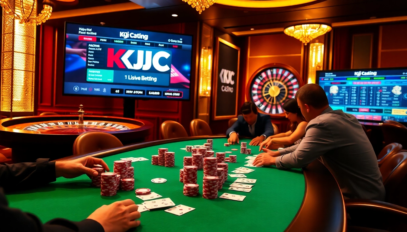 KJC branded casino poker table showcasing vibrant gameplay and thrilling betting action.